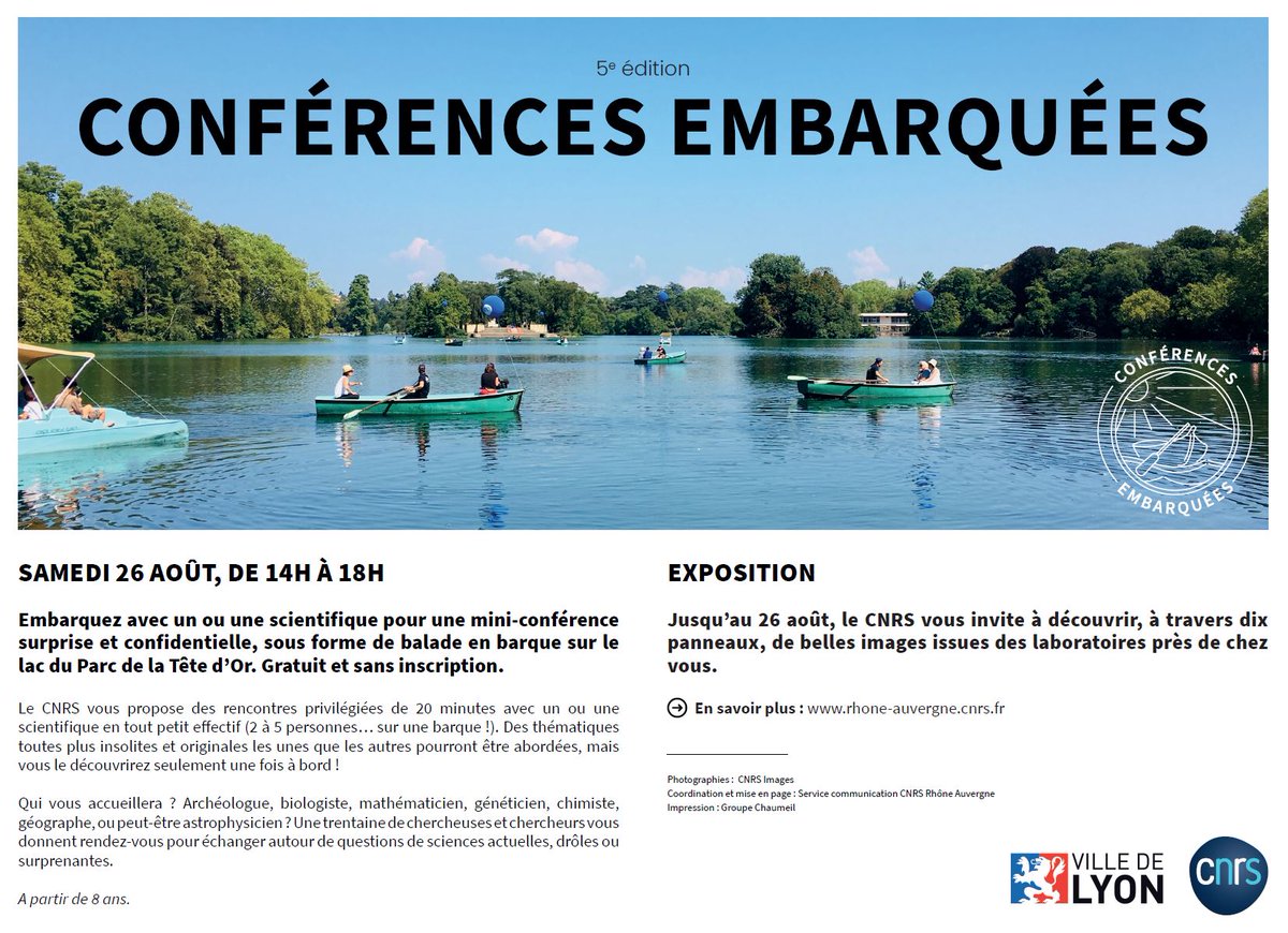 [SAVE THE DATE]
Les conférences embarquées reviennent le samedi 26 août !
🚣‍♂️ Embarquez pour un tête-à-tête scientifique flottant
📌 De 14h à 18h au lac du Parc de la Tête d'Or
➡ En savoir plus : bit.ly/conferences-em…
#Lyon #science #conferencesembarquees #gratuit