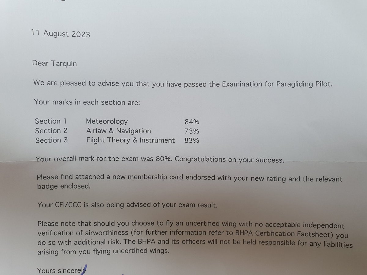 As kids up and down the country (mine included) get their A level results, I get to share in the agony. The postman just came and... nervously, i open the envelope... I passed 😁. It was close with airlaw and nav, 70% pass required. But I'm now the next level pilot 🪂