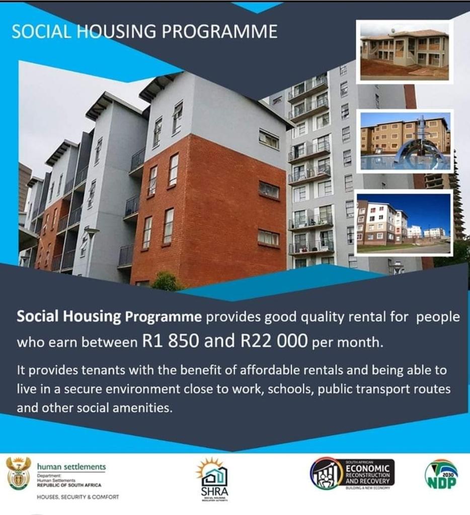 The_DHS's tweet photo. Social housing is rental accommodation for people who earn between R1 850 and R22 000 per month. It is partly subsidised by the government
Visit your nearest municipality to find a list or  https://t.co/P4UyAozfPr or call : +27 11 274 6200

#HousingTheNation https://t.co/NB7YLnOltw