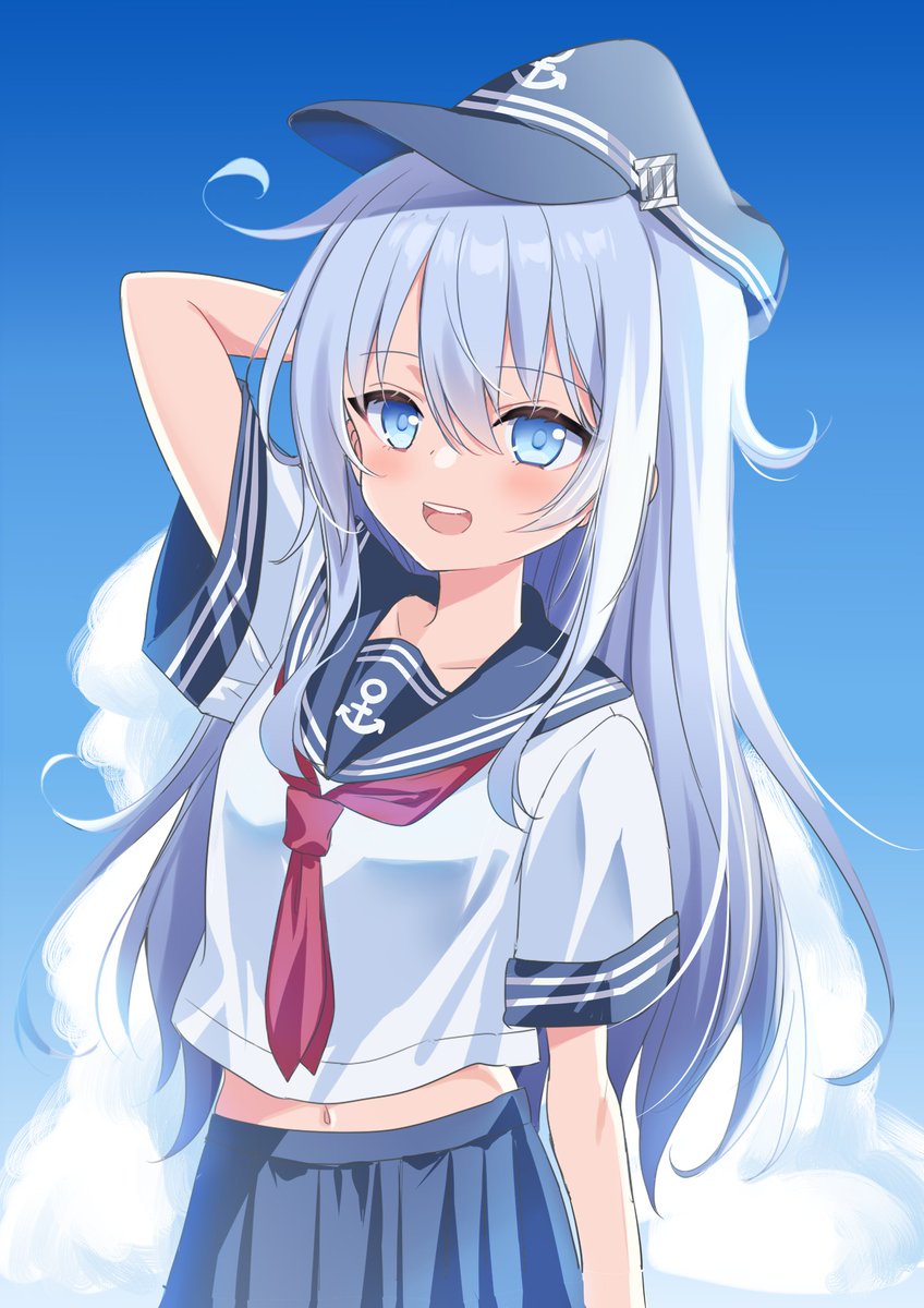 hibiki (kancolle) 1girl solo long hair blue eyes school uniform skirt hat  illustration images