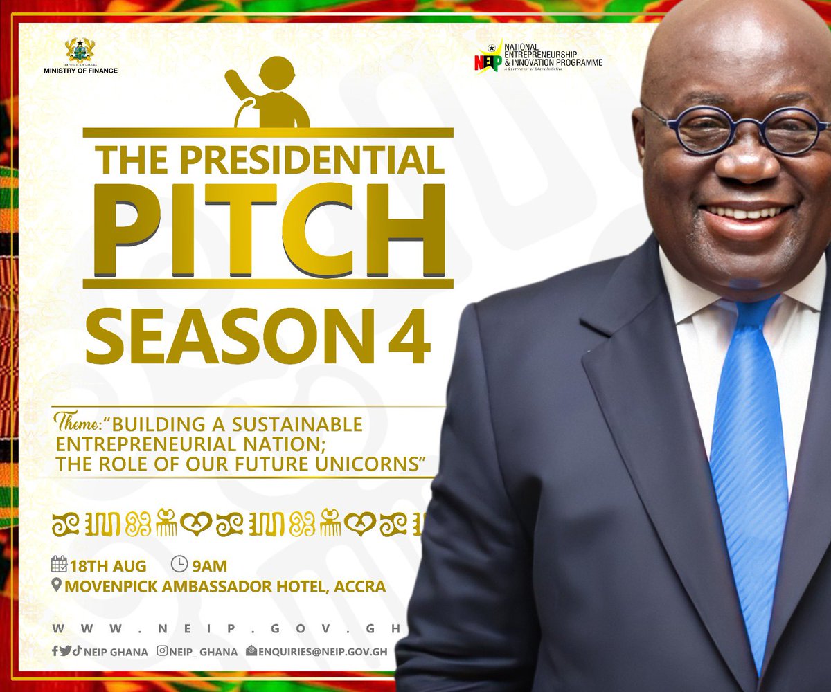 The Movenpick Ambassador Hotel will host the premiere of Season 4 of NEIP's Presidential Pitch on Friday, August 18, 2023. 
#BuildingGhanaTogether