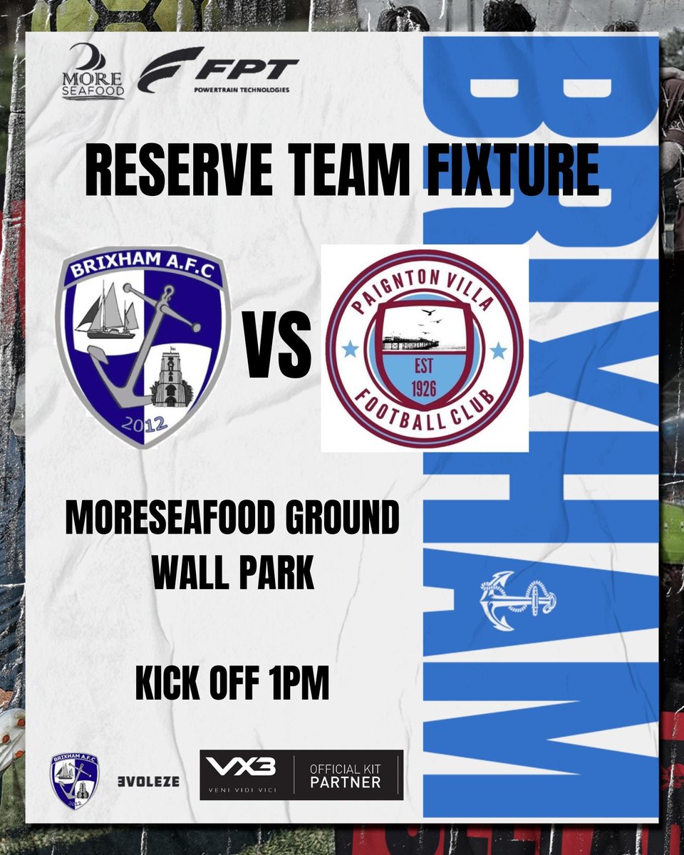 Our Reserves take on @PaigntonVillaFC at home on Saturday in a friendly. Kick Off is 1PM Free entry @moreseafood @PumpTechLtd Breakwater Marine Engineering @BrixhamCasuals @Brixhamfishmkt @TddConstruction @swsportsnews @TSWesternLeague @tswlfans 🐟🐟🐟