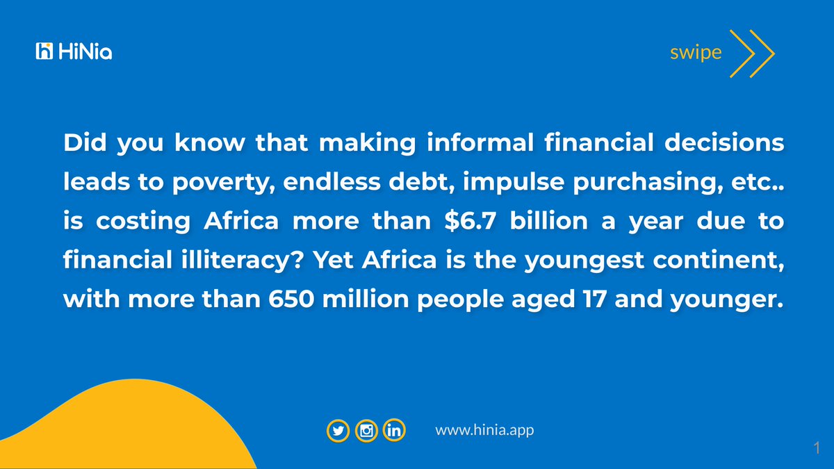 hinia_app's tweet photo. Did you know that making informal financial decisions leads to poverty, endless debt, impulse purchasing, etc.. is costing Africa more than $6.7 billion a year due to financial illiteracy? Yet Africa is the youngest continent, with more than 650 million people aged 17 and younger https://t.co/csBVG9CIPs