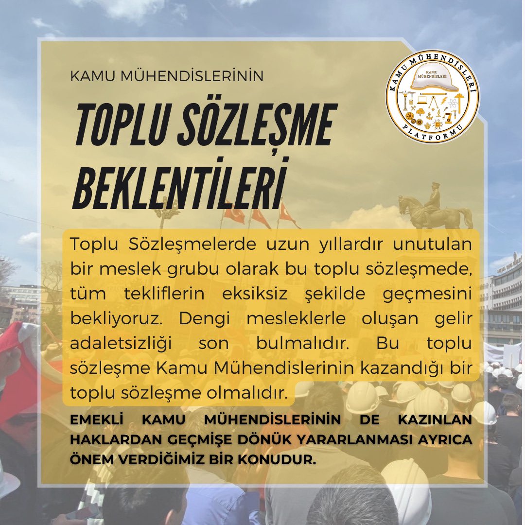 Kamuda görev yapan mühendis, mimar, şehir plancısı, peyzaj mimarı, iç mimar ve emeklileri olarak toplu sözleşmede kendileri ile ilgili yer alan maddeleri eksiksiz talep ediyoruz.

#KaMuhendisiMagduriyetineSon