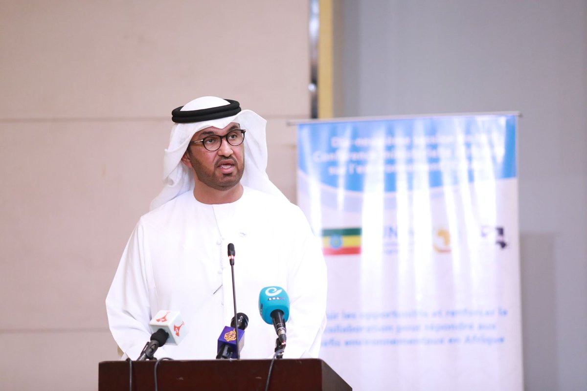 COP28_UAE's tweet photo. During his address to African leaders at #AMCEN2023, the #COP28 President-Designate stressed that the #COP28UAE Action Agenda aims to “put nature, people and health at the core of the climate agenda, &amp; firmly link climate action with socio-economic development.” https://t.co/mpGCyZEZfN