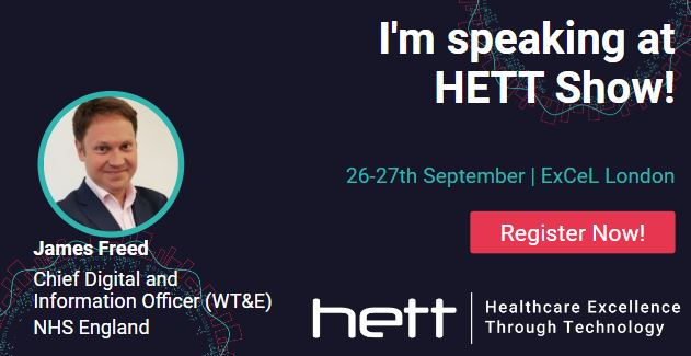 Join @jamesfreed5 at @HETTShow on 26 & 27 September, ExCeL London. Free for NHS staff, HETT show will explore the systems and infrastructure that underpin and enable a data-driven NHS. View the full agenda and register now: orlo.uk/0U4r2