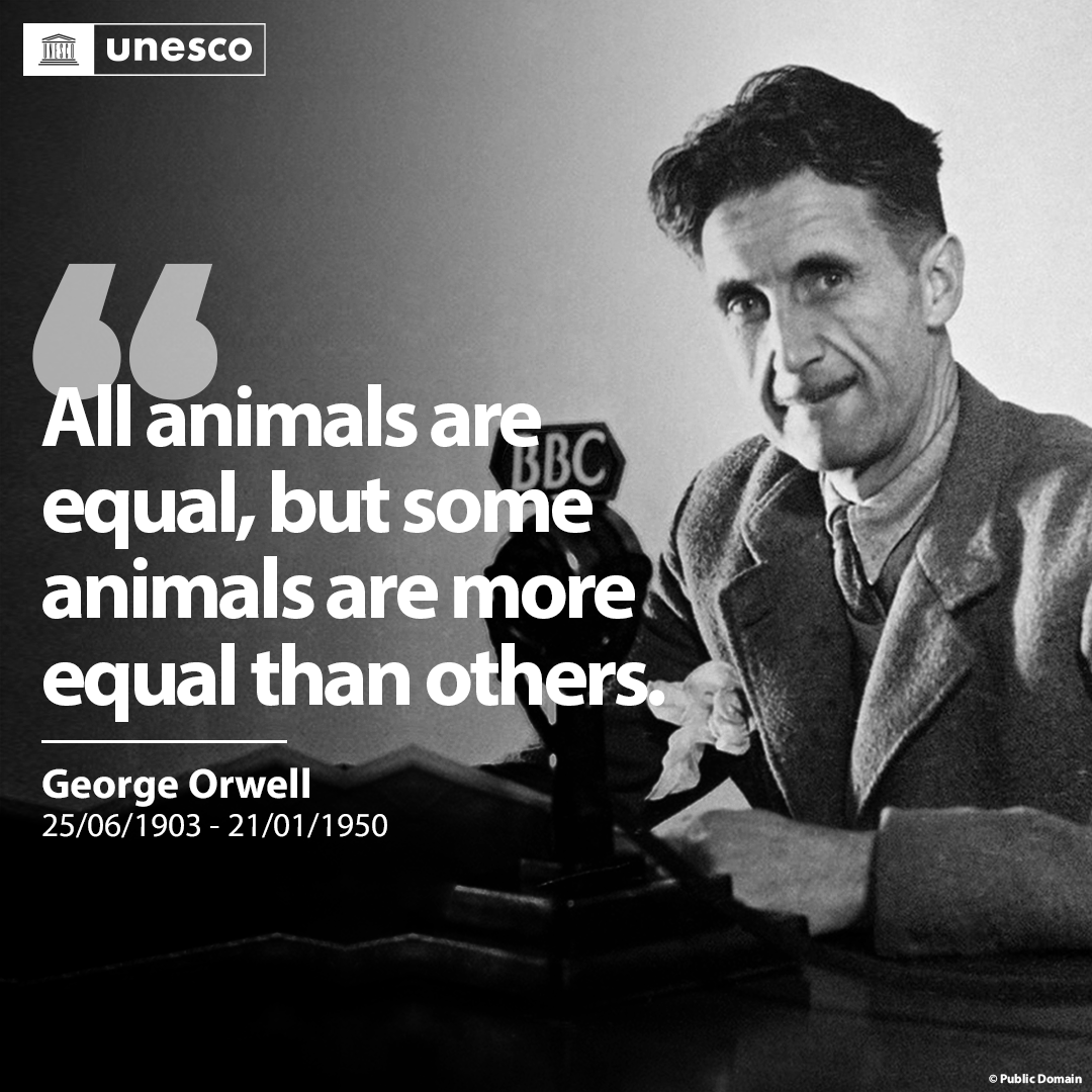 #OnThisDay 78 yrs ago, George Orwell released Animal Farm!

In his storytelling, he highlights freedom's value &amp; fearlessly critiques totalitarianism.

Learn more about his legacy of liberties &amp; unwavering commitment to clear expression via <a href="/UNESCOCourier/">📰 UNESCOCourier #News #Magazine #Interviews 🇺🇳</a>: on.unesco.org/3qjL9Xz