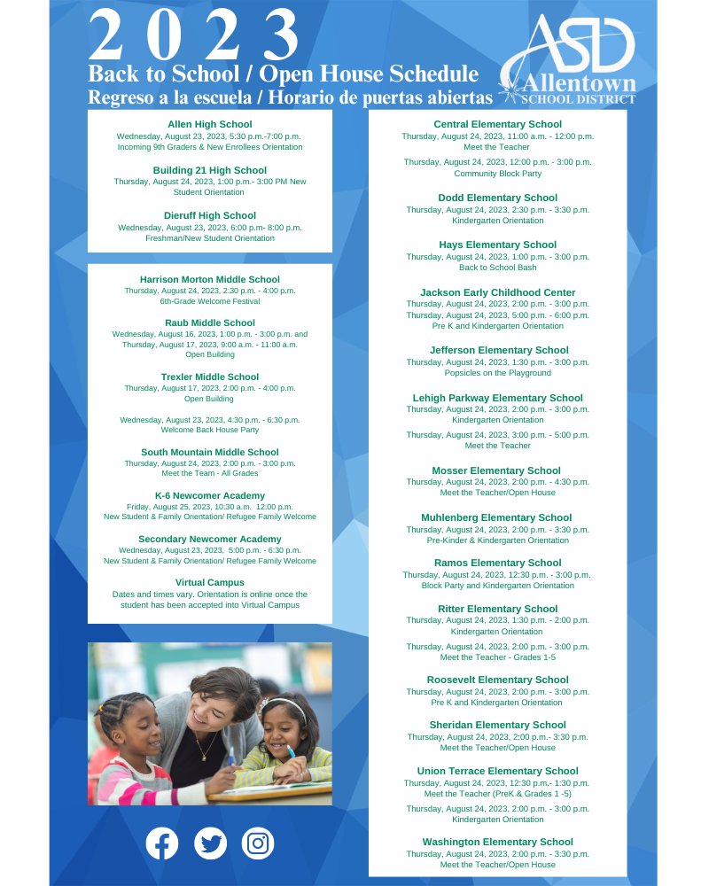 Our schools are excited to welcome back students & families for orientation and other fun #BacktoSchool events all week long! If you weren't able to stop by our #OneAllentown Back to School Bash today, here is a full list of events for each building! Be sure to connect with y ...