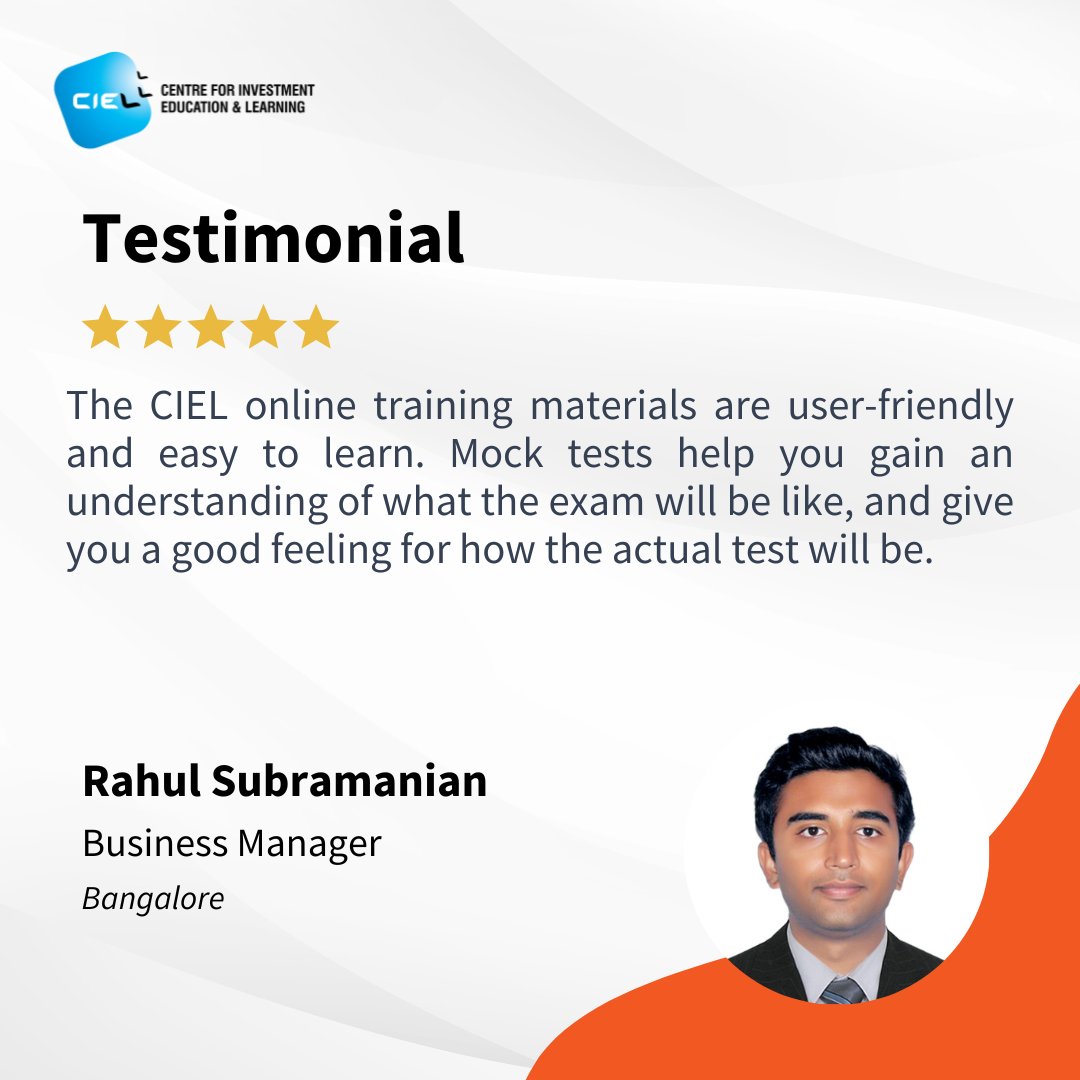 Thank you Rahul for your positive feedback. It validates our efforts to provide you with a valuable learning experience.

#CIELonlinecourses #financialadvisor #Testimonial #LearnerFeedback #CourseSuccess #BFSI #OnlineLearning #financialservices #nismtraining #nism