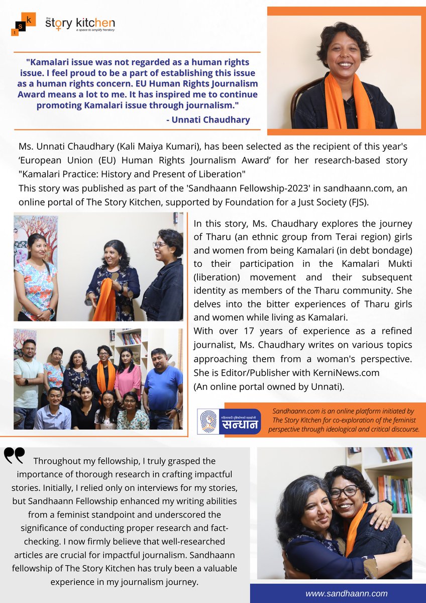 Congratulations to the brilliant journalist Ms. Unnati Chaudhary on receiving the prestigious EU Human Rights Journalism Award 2023! 
You can follow her award-winning story on sandhaann.com/?p=2817 , 
 @sandhaann @FJS @EUinNepal