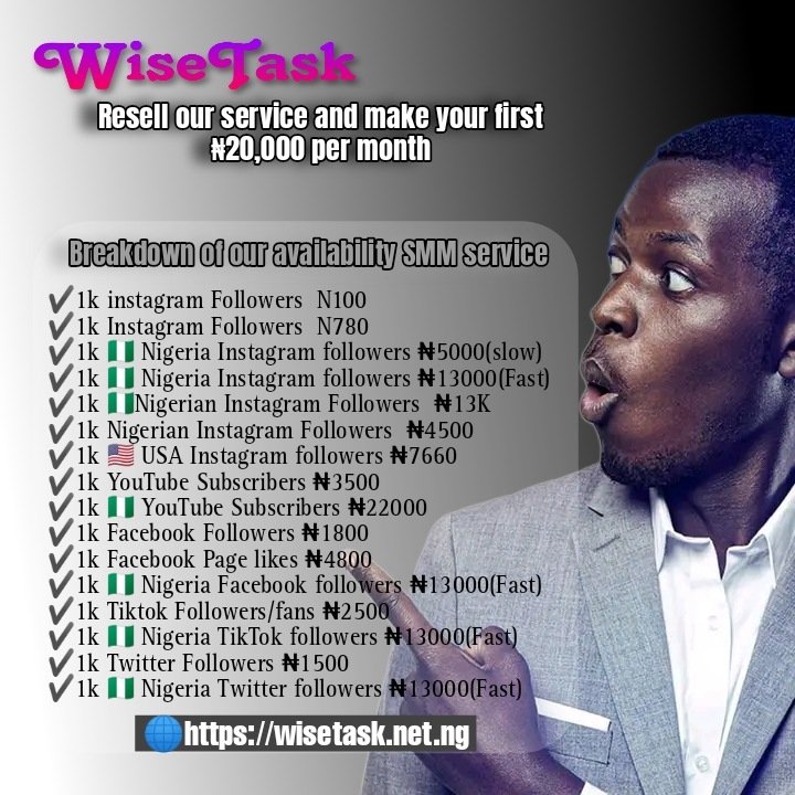 Get your social media engagement boosted wisetask.net.ng/ref/83c97 1k instagram Followers N600(Not Guarantee) 1k Instagram Followers N1200 (Guarantee) 1k 🇳🇬 Nigeria Instagram followers ₦5000(slow) 1k 🇳🇬 Nigeria Instagram followers ₦10000(Fast) 1k wisetask.net.ng/ref/83c97