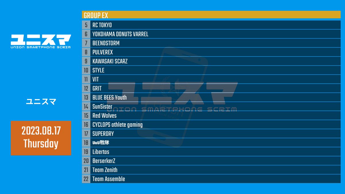 PubgmUnisma's tweet photo. 2023.8.17 (𝙏𝙝𝙪.) 
ユニスマ スクリム ROSTER

本日もご参加ありがとうございます！

#ユニスマ
#スマホ限定
#スクリム
#PUBGMOBILE https://t.co/VKAC7BF7k4
