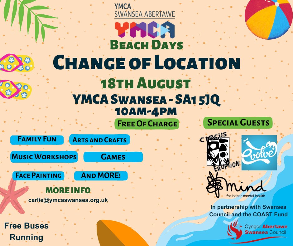 YMCA Swansea Beach Day - LOCATION CHANGE Due to the weather forecast for Friday 18th of August, YMCA Swansea have decided to relocate the planned Beach Day, which was originally set to take place on the Beachfront outside the Civic Centre. It will now take place at YMCA Swansea🧵