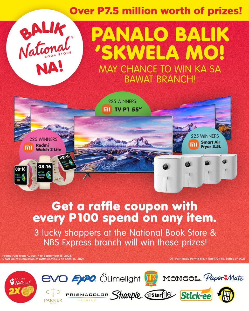 Hi parents! Nabalitaan niyo na ba ang ongoing raffle promo ng National Book Store? Pwede tayong manalo ng Xiaomi 55' Smart TV, Xiaomi Air Fryer,or Xiaomi Redmi Smart Watch in any National Book Store and NBS Express branch nationwide. 
#LakingNational #SulitSayaSkwela #BalikNBSna