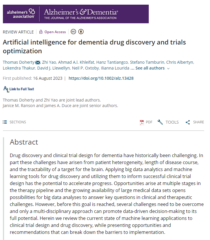 Honored to have played a small part in this - far more credit & congrats to the other authors (esp co-leads: @TomDoherty89 & #ZhiYao 👏🙌)! Broader thx to @DEMONNetworkUK for bringing us @dem_researcher's all together 😊. #AI #trials #drugdiscovery 👀 alz-journals.onlinelibrary.wiley.com/doi/10.1002/al…