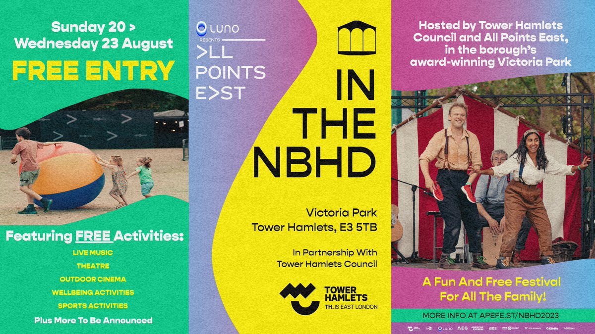 Enjoy the last week of the summer holidays at #InTheNeighbourhood in @VickyParkLondon 4 days of FREE entry - live music, cinema, food & creative workshops, dance & theatre, sports & wellbeing, family activities & more Sun 20 > Wed 23 Aug - Full Timetable allpointseastfestival.com/in-the-neighbo…