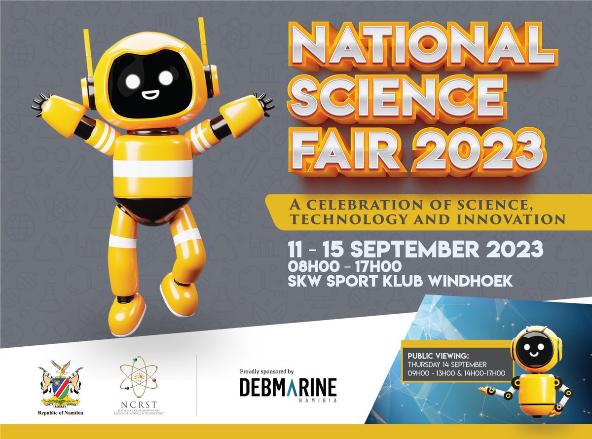 NCRST_Namibia's tweet photo. The highly anticipated National Science Fair is almost here! This year, the event will be held at SKW Sports Klub in Windhoek from September 11-15, 2023. We invite you to mark your calendars and join us for public viewing. https://t.co/oa1hUSjA2d