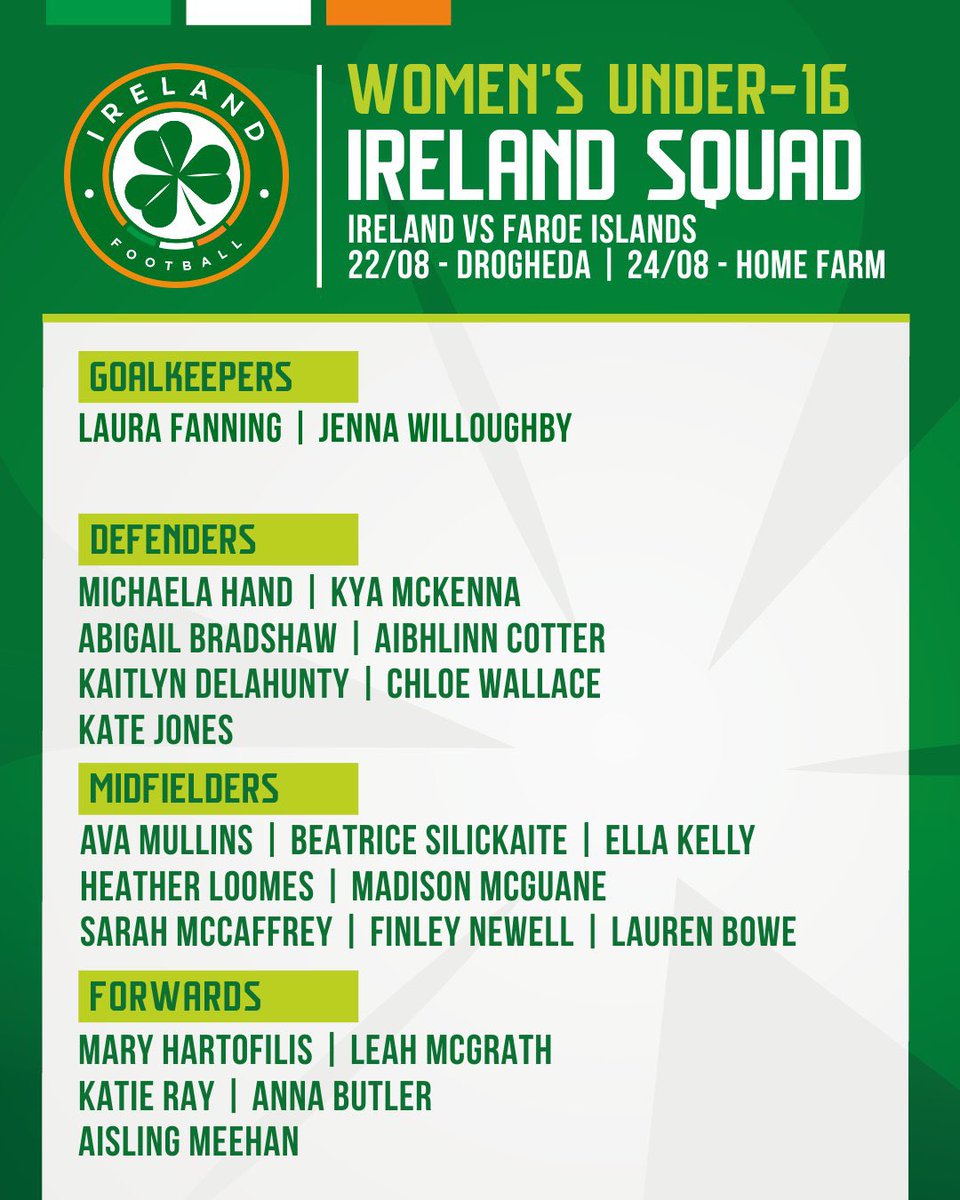 Ireland under 16 side named for two friendlies against Faroe Islands Games details below 22/8 in Drogheda 24/8 in Home Farm