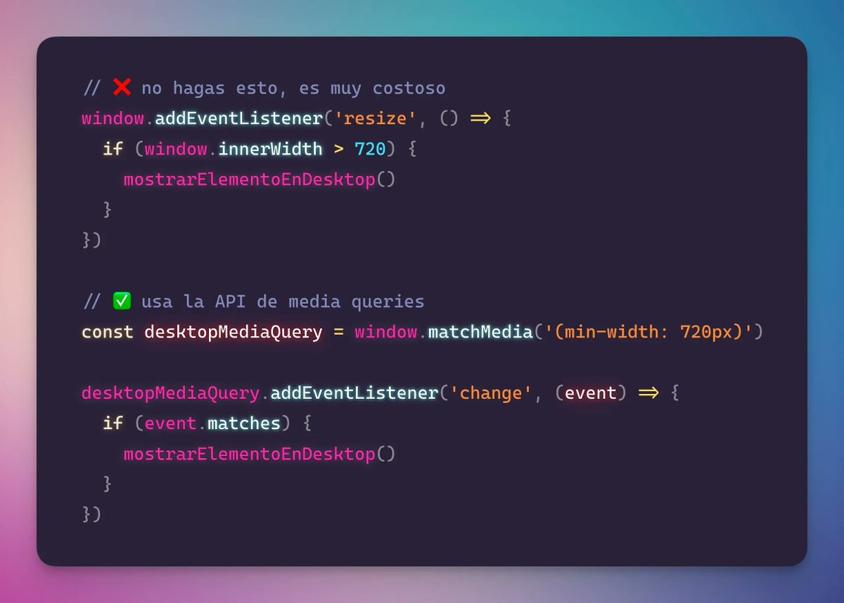 midudev's tweet image. ¡Evita usar el evento &quot;resize&quot; en JavaScript!

Si necesitas ejecutar código al cambiar el tamaño...

Mejor usa matchMedia que tiene mejor rendimiento: