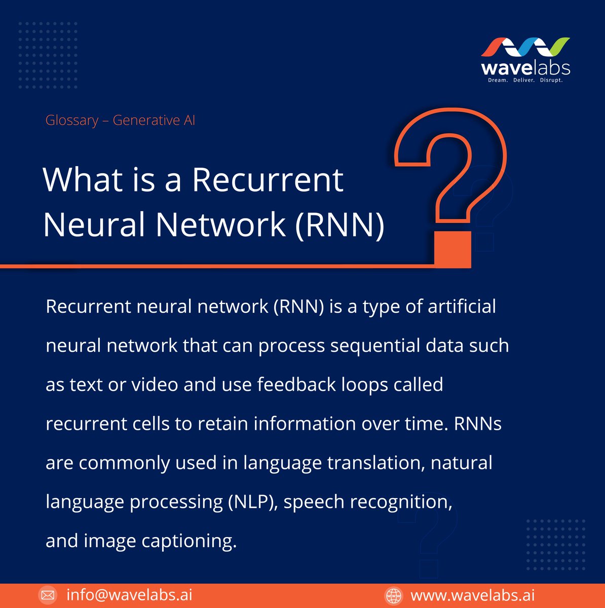 WavelabsTech's tweet image. What is a Recurrent Neural Network (RNN)?

#generativeai #RNN #recurrentneuralnetwork #machinelearning #machinelearningalgorithms #machinelearningframeworks #neuralnetworks #AI #artificalintelligence #glossary