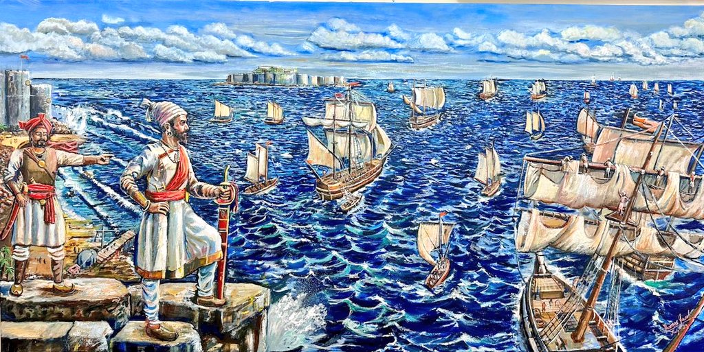 dpkpillay12's tweet photo. Proud of @Jaks27  whose very realistic portrayal of my incident at Longdi Pabram has many asking me who is the artist 
He has now gone on to depict  'The Invincible Maratha Navy of Shivaji' Lt Col Thomas Jacob's journey as an artist is inspiring 
Here his painting from his imagination showcases Shivajis naval vision.
Proud of the multi talented former student at @adgpi  RMS Bangalore. 🎨🛳️ wish him more recognition and success in his #ArtisticJourney