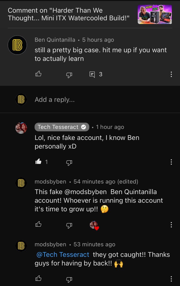 ChrysQ's tweet photo. So @YouTube @TeamYouTube is allowing a fake page pretending to be @modsbyben exist to troll other YouTubers without even reviewing these screenshots. So if you are a creator you aren’t protected and others can damage your reputation. https://t.co/toML06vdfu