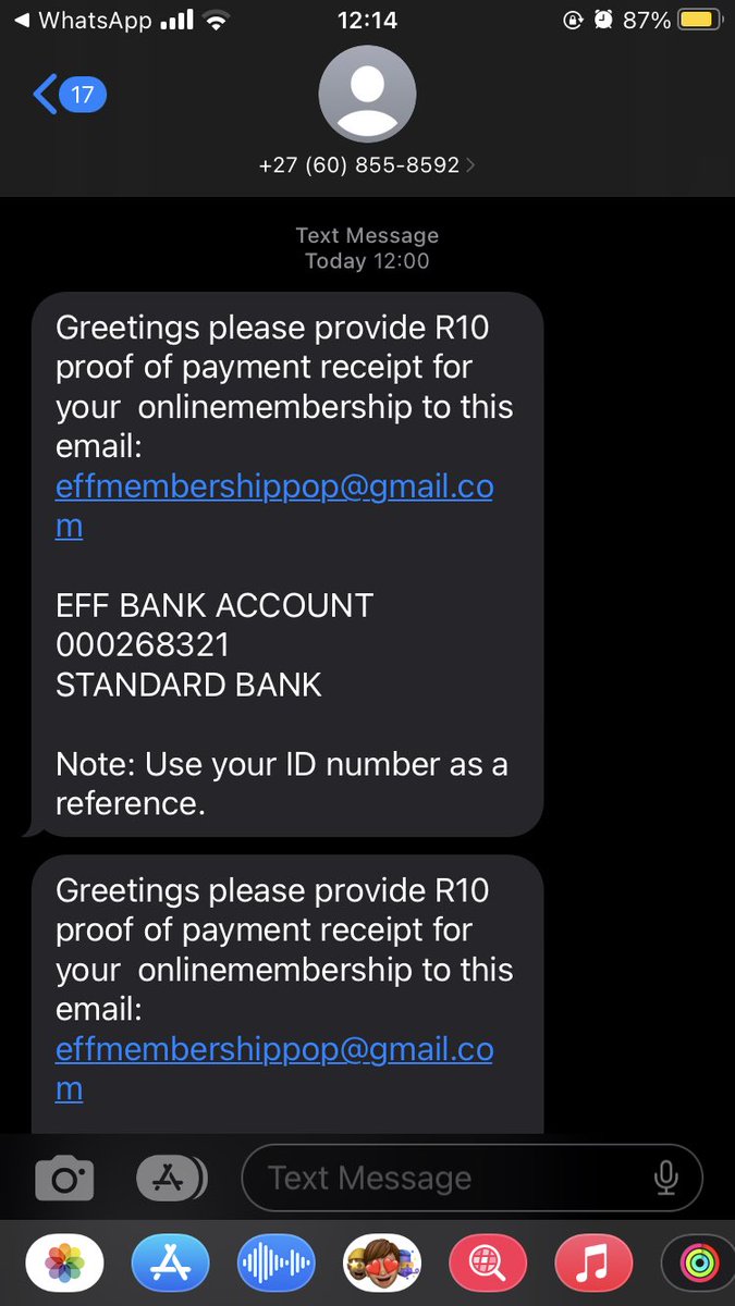 realbotjas's tweet photo. @EFFSouthAfrica I got this sms I think it’s a new scam be aware fighters @Julius_S_Malema https://t.co/Wt6JPZ8GQB