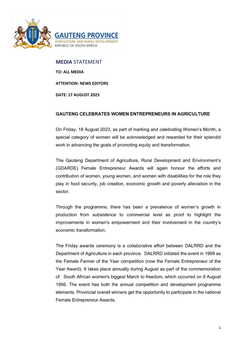 OfficialGDARD's tweet photo. MEDIA ALERT: We are set to recognise the remarkable contributions of women, including young women and those with disabilities, who drive food security, economic growth, job creation, and poverty alleviation in the sector.
#GDARDatWork #GautengFEA2023 https://t.co/zTo53P3pAy