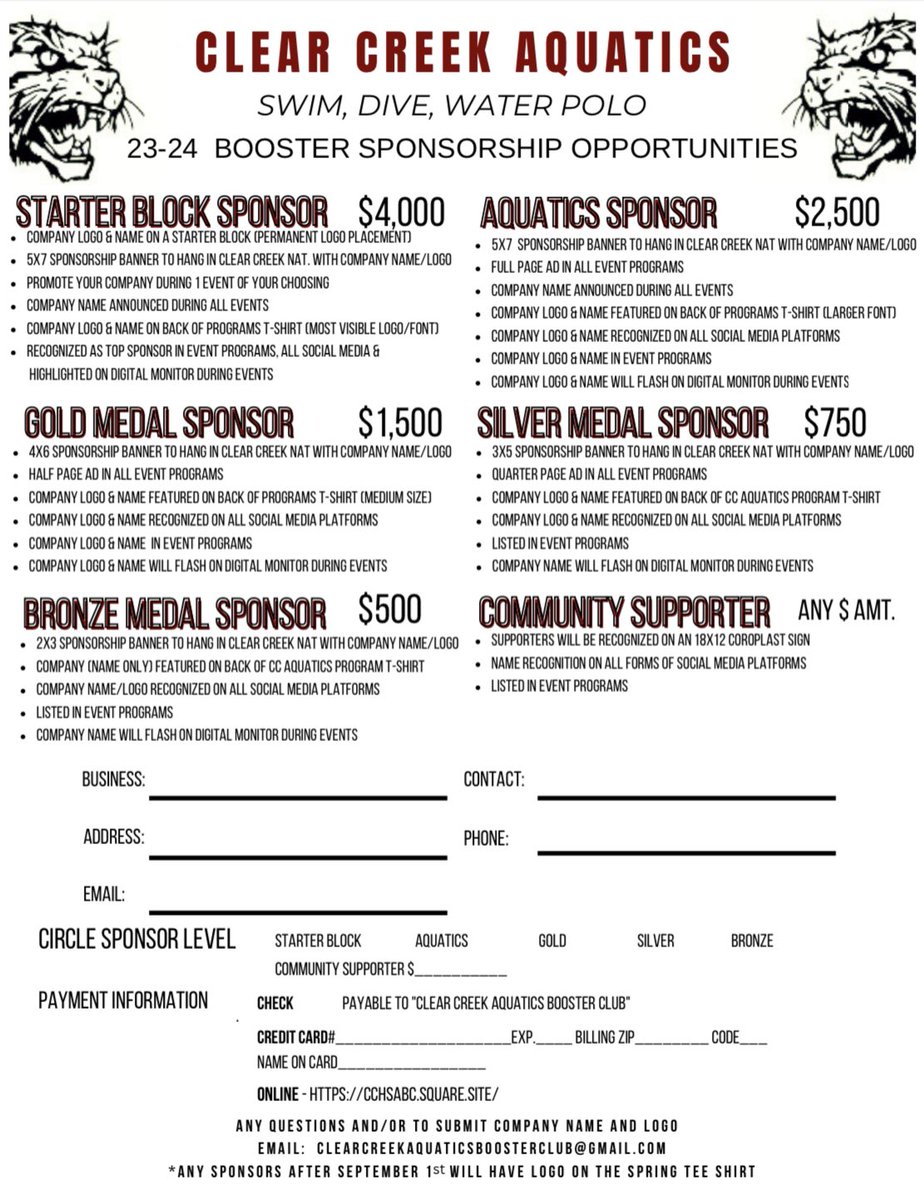 Creek_Aquatics's tweet photo. 2023-2024 Clear Creek Aquatics Sponsorship

We are looking for sponsors to assist with replacing our very old and outdated starting blocks. Unfortunately, the only way to accomplish this is with the support from our community.

Thank you in advance for making this a great year! https://t.co/YaYUd0JaS3