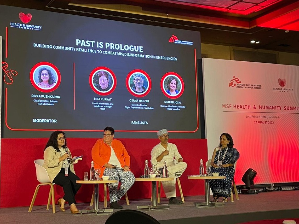 MSF_SouthAsia's tweet photo. For the final session of #HHSummit, we have with us @TDPurnat, Health Information and Infodemic Manager, @WHO, @OsamaManzar, Executive Director, Digital Empowerment Foundation, Shalini Joshi, Director, Meedan and Moderator @pushnaikarna, Disinformation Advisor, @MSF. https://t.co/quYKB8JsEc