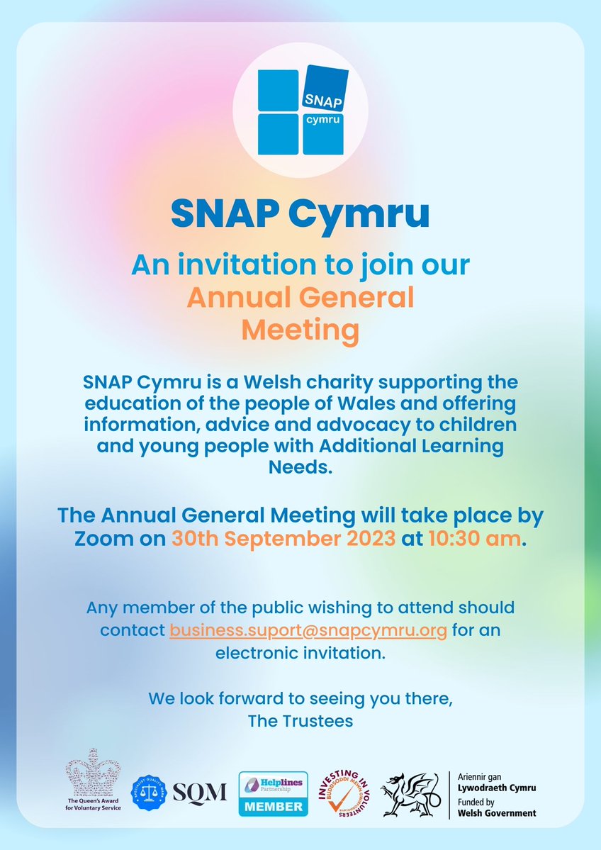 Our Annual General Meeting will take place by Zoom on 30th September 2023 at 10:30 am. Any member of the public wishing to attend should contact business.suport@snapcymru.org for an electronic invitation 😀 #SNAPCymru #AGM #AnnualGeneralMeeting2023