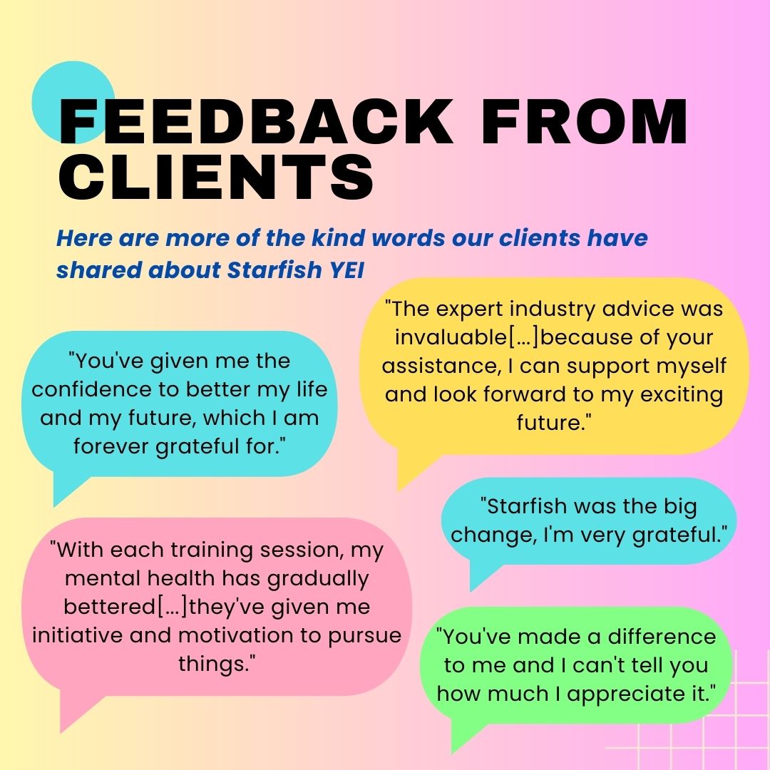 After almost 6 years Starfish Y.E.I has came to it's natural end with the ending of ESF funding. 

A huge THANK YOU to everyone that has supported us and congratulations to our clients who we continue to be incredibly proud of!😄

It's bye for now, but remember we believe in you!