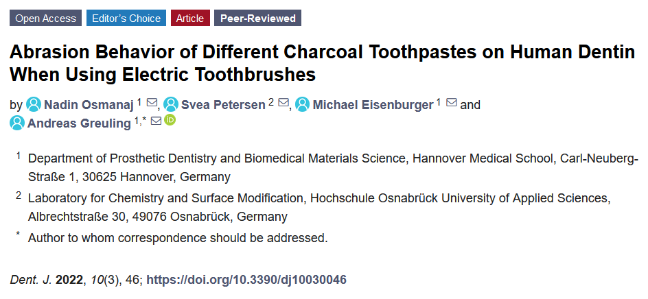 DentistryJ's tweet image. Abrasion Behavior of Different Charcoal #Toothpastes on Human #Dentin When Using #Electrictoothbrushes
From: Hannover Medical School @MHH_life, Hochschule Osnabrück University of Applied Sciences @HS_Osnabrueck
mdpi.com/2304-6767/10/3…
@MDPIOpenAccess @MediPharma_MDPI @DentistryJ