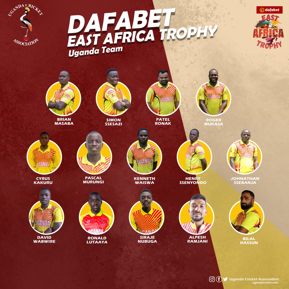 Uganda Cricket Association (@cricketuganda) on Twitter photo Our Team For The EA Cup T20 Tournament in Kigali Rwanda. The tournament will run from August 20th - 31st.
<a href="/davidwabwireug/">David Wabwire</a> makes his debut for the Cricket Cranes.
#CricketCranesInColour Our Team For The EA Cup T20 Tournament in Kigali Rwanda. The tournament will run from August 20th - 31st.
<a href="/davidwabwireug/">David Wabwire</a> makes his debut for the Cricket Cranes.
#CricketCranesInColour