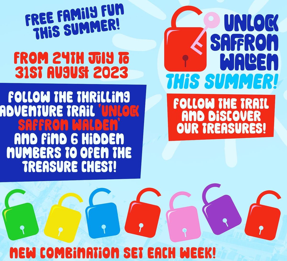 There's still time to enjoy our fabulous fun-filled trail to Unlock #SaffronWalden. The lock combination has been changed, and six new numbers are dotted across town in shop and business windows. Get the numbers and head to <a href="/swtic/">Saffron Walden TIC</a> to unlock the treasure chest. 💜