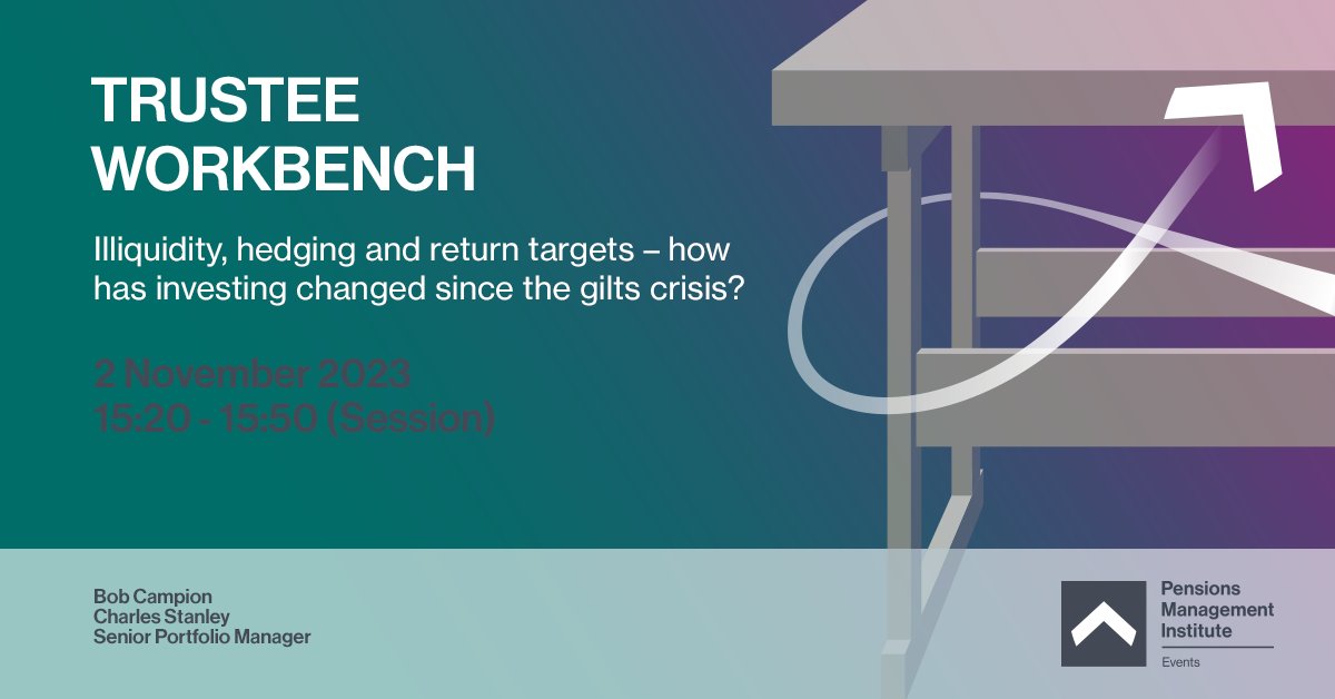 🎉 Trustee Workbench 2023!

Join the session with <a href="/_CharlesStanley/">Charles Stanley Wealth Managers</a> on ‘Illiquidity, hedging and return targets – how has investing changed since the gilts crisis?’

📅 02 Nov 2023
⏰ 08:30 – 17:30 (session)

Book now: pensions-pmi.org.uk/events/trustee…

#PMIPensions #TrusteeWorkBench2023