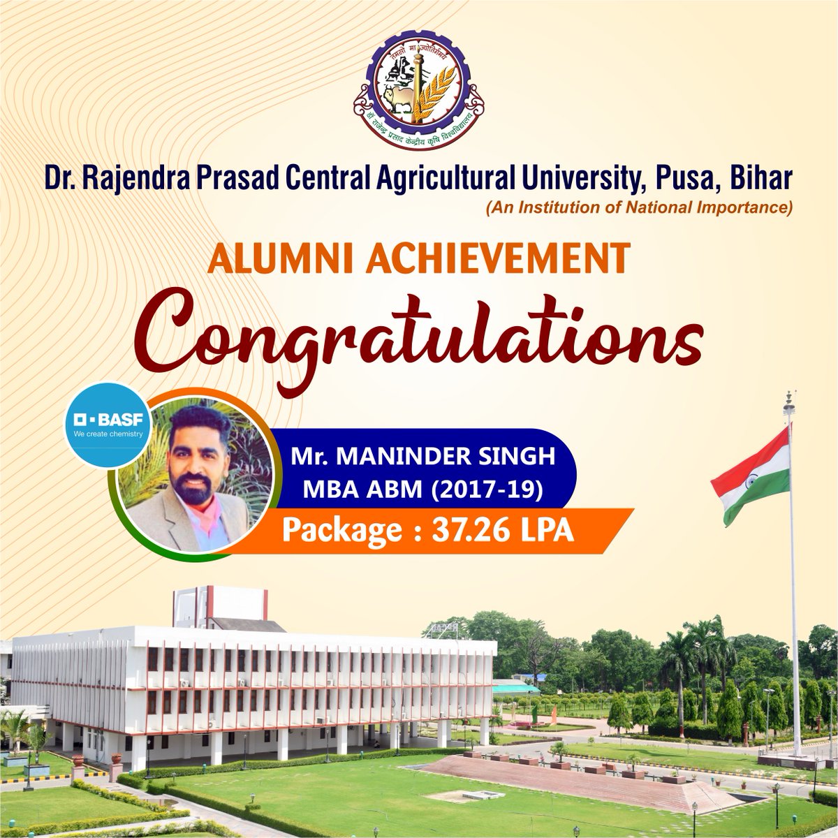 Rpcau_pusa's tweet photo. We take pride in the success of our #alma mater. It gives us joy to share that one of the #alumni of SAB&amp;RM, Mr. Maninder Singh from MBA-Agribusiness (Batch 2017-19) has joined BASF Canada Inc. with a blistering package of 37.26 LPA.
We wish him best for future endeavours.
#rpcau https://t.co/Jtwfgi59ns
