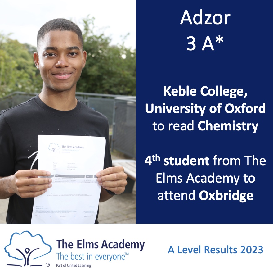 TheElmsAcademy's tweet photo. Congratulations to Adzor, who became our 2nd ever student to attend @UniofOxford where he will read Chemistry at @KebleOxford after gaining 3 A* grades! So proud 🥳 #GoingtoOxford #alevels2023 https://t.co/Xm0S5JKqGd