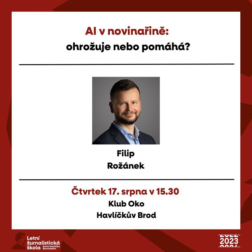 Je to tu.🧐 Tuhle si nenechte ujít, protože se toho spoustu nového a zajímavého dozvíte. Dnes v 15:30 s <a href="/rozanek/">Filip Rožánek</a> o novinařině a umělé inteligenci #AI  (jazykových modelech). Osobně s námi v havlíčkobrodském Klubu Oko, nebo online na youtube.com/live/meRVecFBu… 👈
#lzs2023❤️