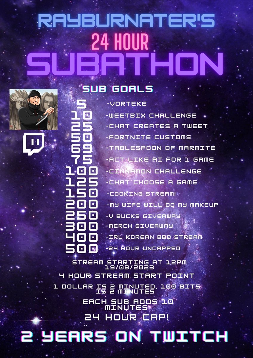 Rayburnater's tweet image. Tomorrow the 18th of August marks my 2 years streaming on Twitch, so what better way to celebrate with a Subathon!