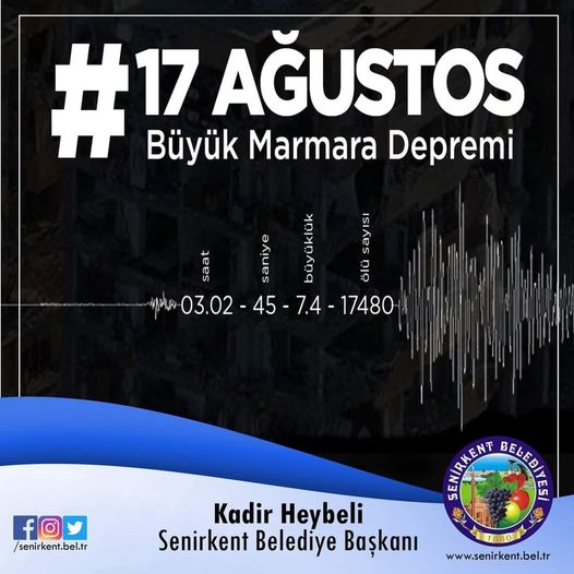 Böyle bir acının bir daha yaşanmaması temennisiyle #17Ağustos Marmara depreminde hayatını kaybeden vatandaşlarımızı rahmetle anıyorum.
Kadir HEYBELİ
Senirkent Belediye Başkanı
#SENİRKENT #KADİRHEYBELİ #SENİRKENTBELEDİYESİ #17Ağustos1999