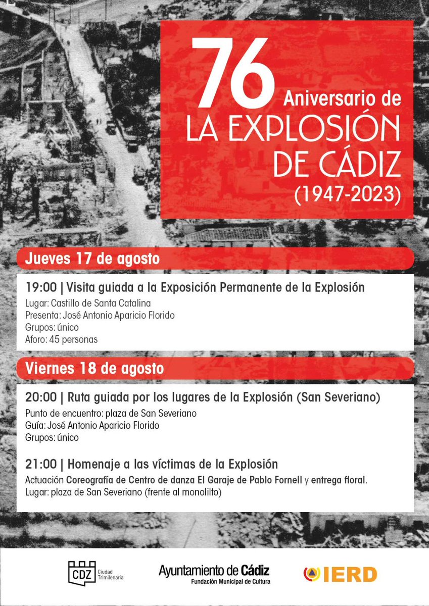 Cartel oficial de los actos conmemorativos de la Explosión de Cádiz, editado por el Ayuntamiento de Cádiz. Os esperamos.