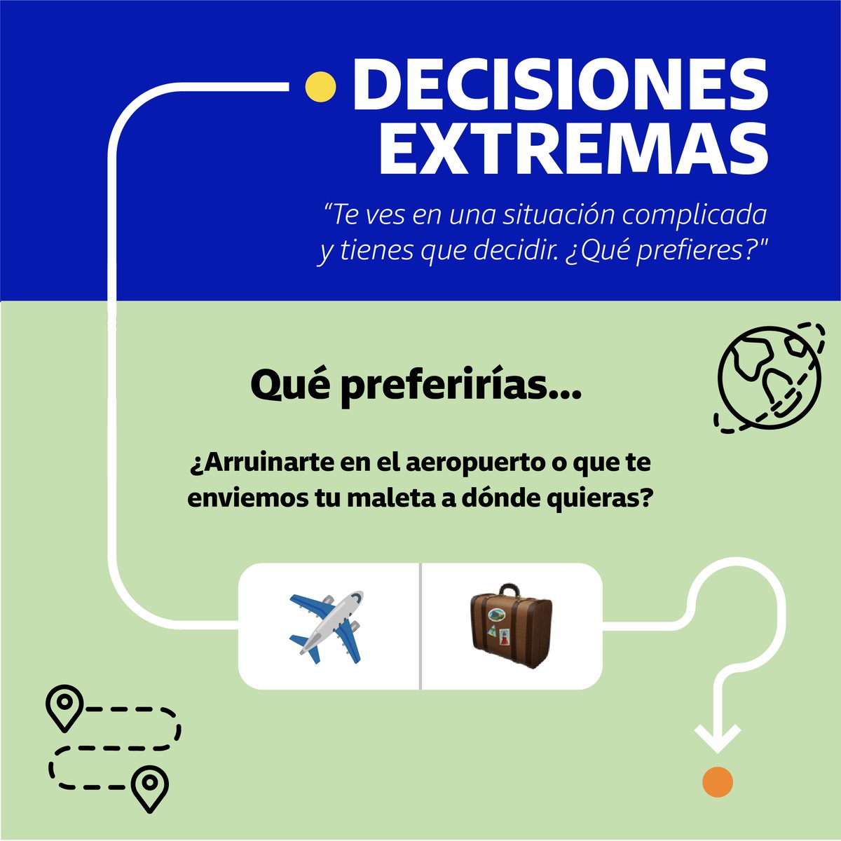 GLS_Spain's tweet photo. Qué preferirías…
¿Arruinarte en el aeropuerto o que te enviemos tu maleta a donde quieras?
a. ✈️
b. 🧳
#GLSGameDay #GLSSpain https://t.co/WSgqXSmo2X