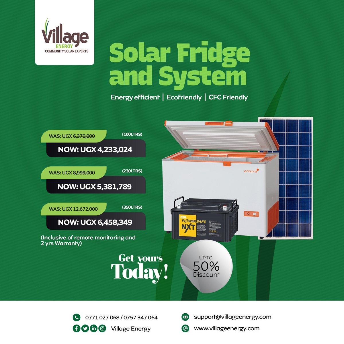 Get in touch today to enjoy upto 50% discount on @phocossolar fridges.
Available in 100, 230 &350 Litres
 Financing is available from @UgEquityBank

📱 +256 771027068/ 757347064   
#solarenergy
 #SolarFridges 
#SolarinUganda 
#SolarSolutions 
#SolarLoans 
#CommunitySolarExperts