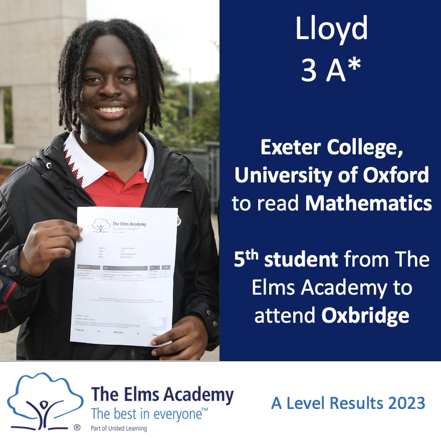 TheElmsAcademy's tweet photo. Congratulations to Lloyd, our third student to attend @UniofOxford. With 3 A*s, Lloyd is set to read Mathematics at @ExeterCollegeOx! We are so proud 🥳 #GoingtoOxford https://t.co/xR9URWo7Dh