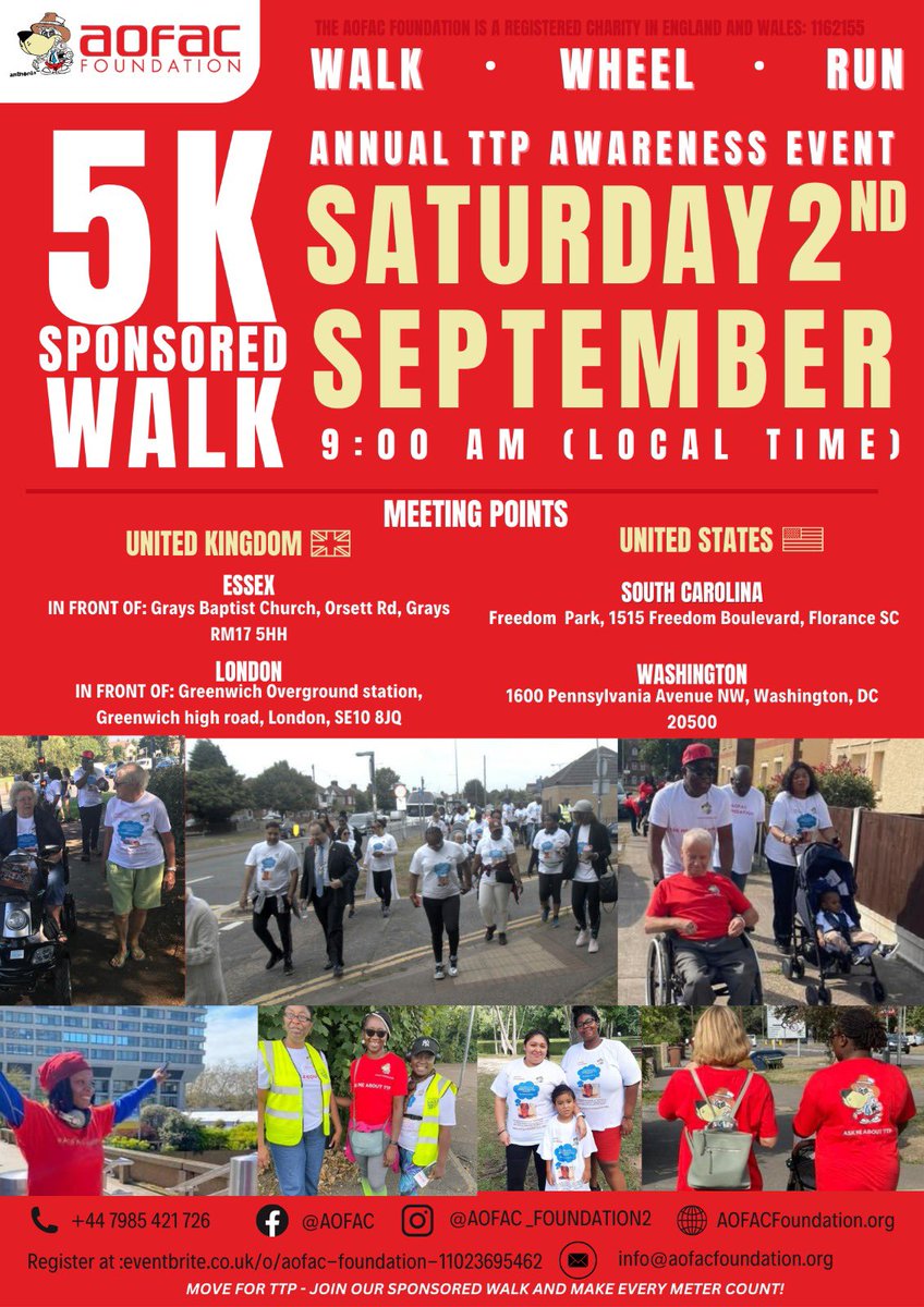 You are invited to our Annual Thrombotic Thrombocytopenic Purpura (TTP) awareness event.
This year after our sponsorship walk, we will return to the High Street to raise awareness of the condition.

Registration: eventbrite.co.uk/o/aofac-founda…

Sponsorship: justgiving.com/AOFAC