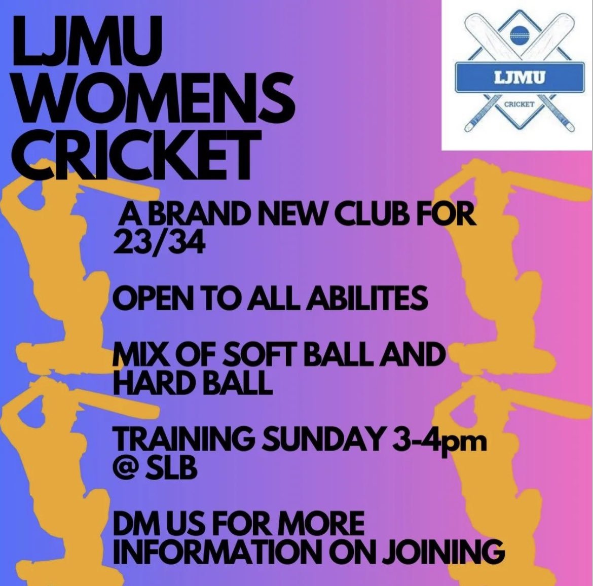 Her Game Too Cricket (@hgtcricket) on Twitter photo 👩🎓 Women's Cricket @ Liverpool John Moores University 🤩
<a href="/LJMUCricket/">LJMU Cricket</a> are starting a brand new Women's club for the 2023/24 season 🙌
Heading to LJM this year? Why not get involved!
For further information, contact: <a href="/LJMUCricket/">LJMU Cricket</a>
#HerGameToo 🏏 👩🎓 Women's Cricket @ Liverpool John Moores University 🤩
<a href="/LJMUCricket/">LJMU Cricket</a> are starting a brand new Women's club for the 2023/24 season 🙌
Heading to LJM this year? Why not get involved!
For further information, contact: <a href="/LJMUCricket/">LJMU Cricket</a>
#HerGameToo 🏏