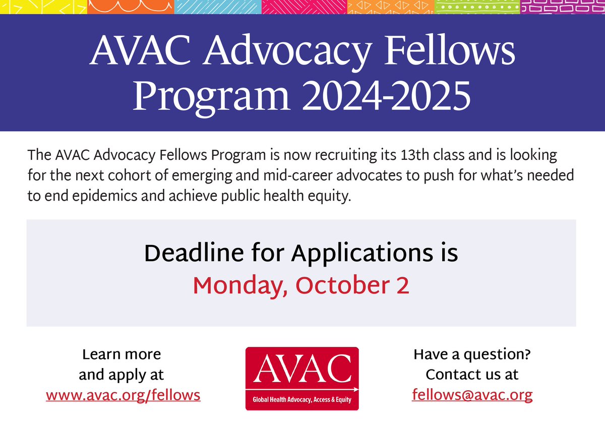 Just in! The 2024 AVAC Advocacy Fellows applications are now open! Help us spread the word as we kick-off recruiting our 13th class of advocates. Learn more about the application process, what's new in 2024, and save the date for our two infosessions here! avac.org/blog/avac-2024…
