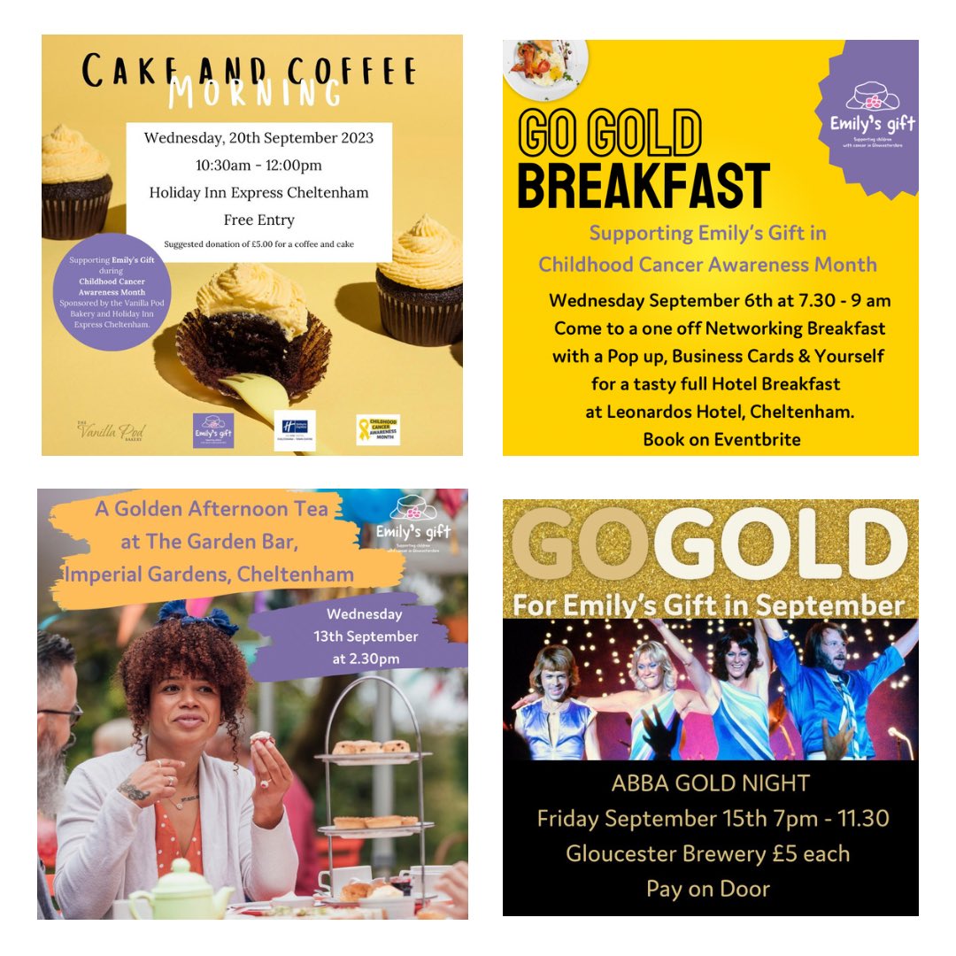 Julie Kent MBE (@juliekentmbe) on Twitter photo Want to join us at an event to celebrate SEPTEMBER?
Childhood Cancer Awareness Month
Breakfast, Afternoon Tea, Coffee & Cake or Go Gold for ABBA GOLD
All can be booked on Eventbrite - just type Emily’s Gift <a href="/EmilysGift/">Emily's Gift</a> <a href="/GBrewery/">Gloucester Brewery</a> <a href="/PunchlineGlos/">Punchline-Gloucester.com</a> <a href="/neilmorg/">Neil Morgan Design</a> <a href="/LadySadie66/">Sadie Skipworth</a> Want to join us at an event to celebrate SEPTEMBER?
Childhood Cancer Awareness Month
Breakfast, Afternoon Tea, Coffee & Cake or Go Gold for ABBA GOLD
All can be booked on Eventbrite - just type Emily’s Gift <a href="/EmilysGift/">Emily's Gift</a> <a href="/GBrewery/">Gloucester Brewery</a> <a href="/PunchlineGlos/">Punchline-Gloucester.com</a> <a href="/neilmorg/">Neil Morgan Design</a> <a href="/LadySadie66/">Sadie Skipworth</a>