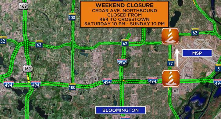kstptraffic's tweet photo. WEEKEND CLOSURE - Cedar Ave. SOUTHBOUND will close from Crosstown to 494 from Friday 10 PM - Saturday 10 PM. 

The NORTHBOUND direction will close from 494 to Crosstown Saturday 10 PM- Sunday 10 PM.

Alternate routes include:
-Crosstown
-35W
-Hwy 5
-I-494

#MNtraffic https://t.co/PIXQteGhay